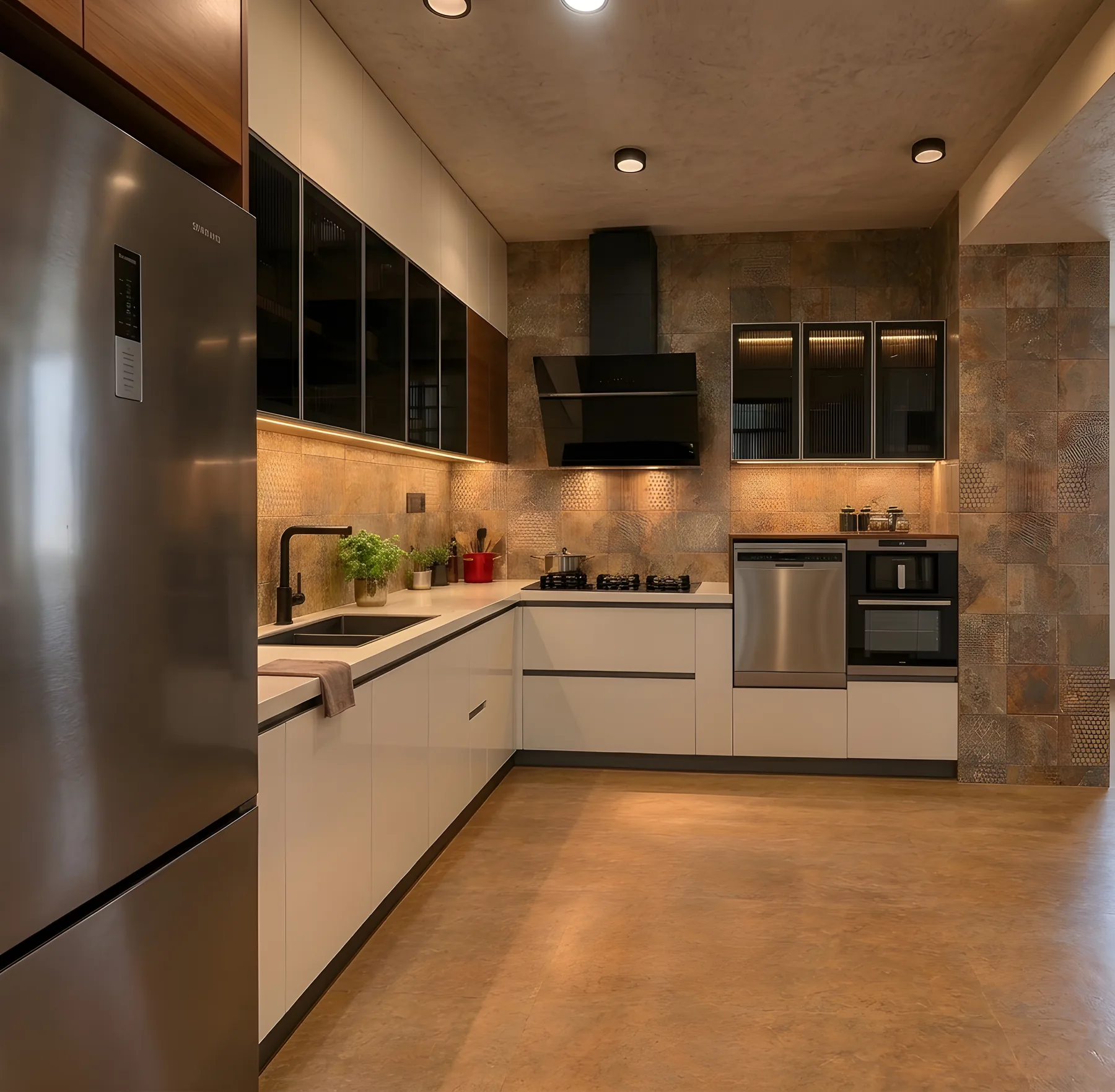 Modular kitchen design in white handleless units with a stone-effect backsplash, chimney hood, built-in oven and under-cabinet lighting
