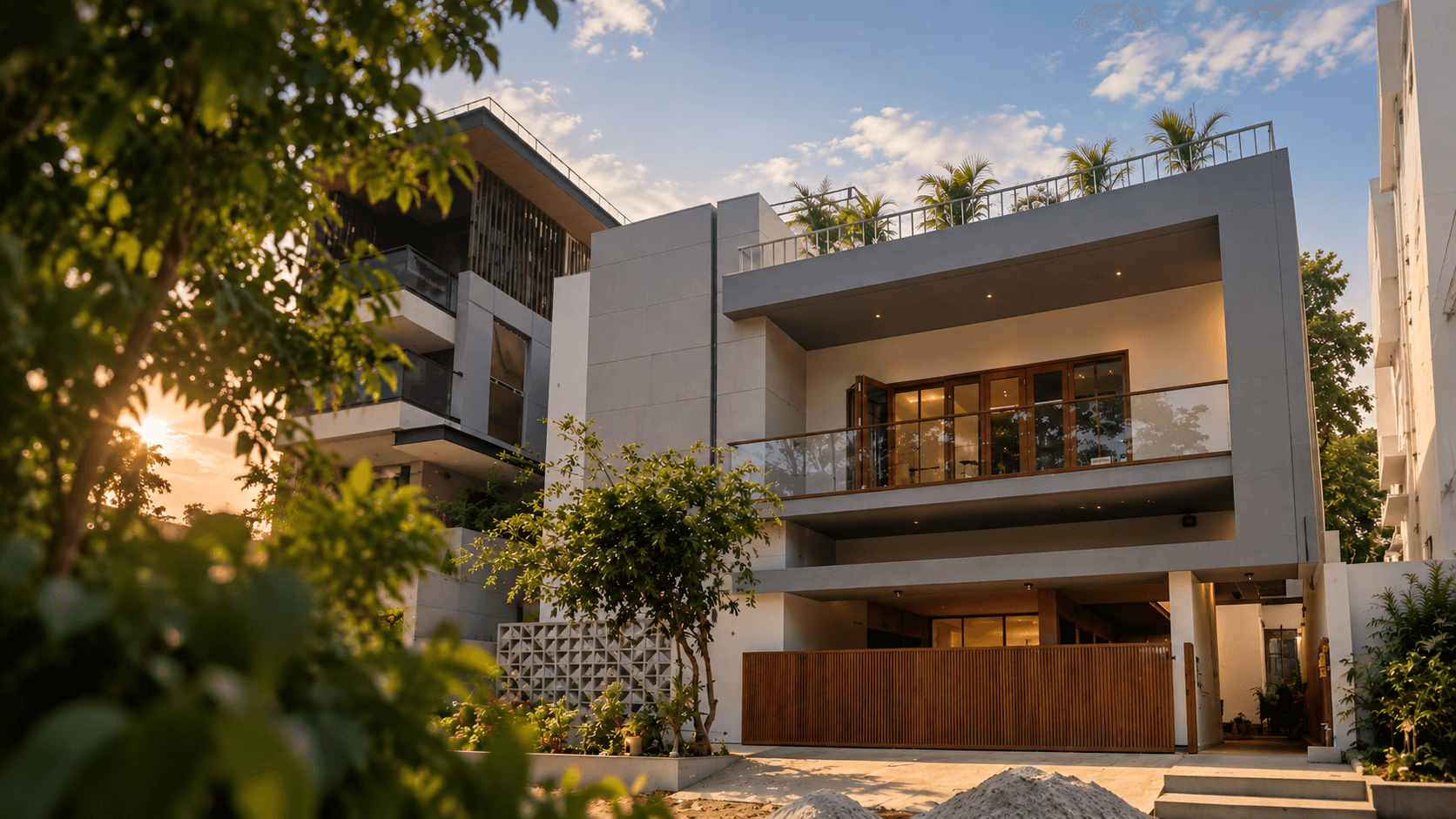 Contemporary multi-storey residence with a wood-slat facade, lit at dusk